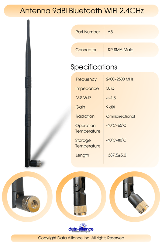 Antenna 9dBi Bluetooth WiFi 2.4GHz Omnidirectional w/RP-SMA 2400MHz Alfa ARS-N19