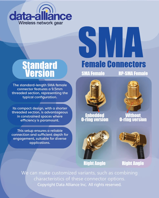 SMA Female connectors; standard version and multiple options
