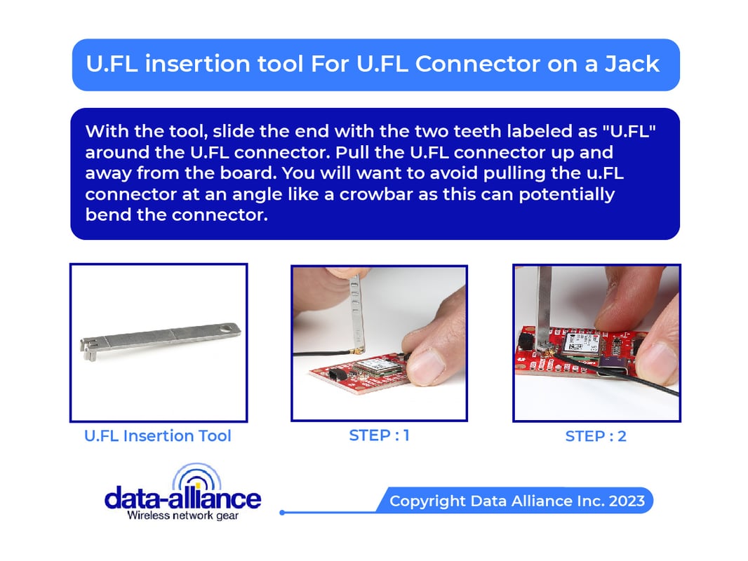 U.FL connector tool for insertion and removal from jack on PCB board.